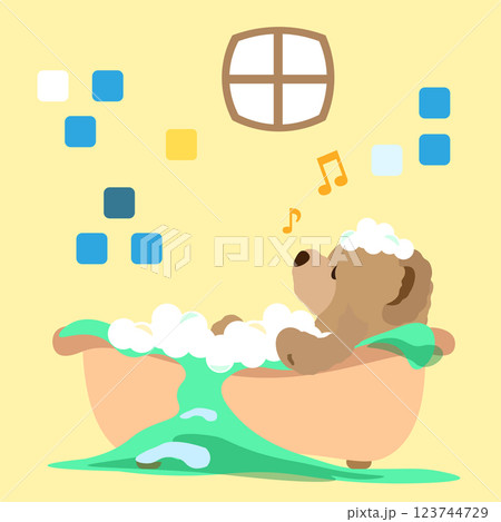 お風呂でリラックスするクマのぬいぐるみのイラスト 123744729