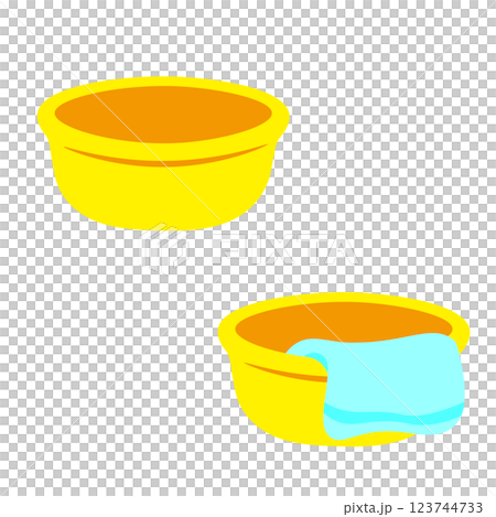 Illustration of a tub and a tub with a towel hanging from it 123744733
