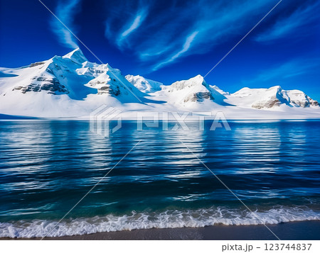 The white snow capped mountain and the blue see with waves crashing on beach. 123744837
