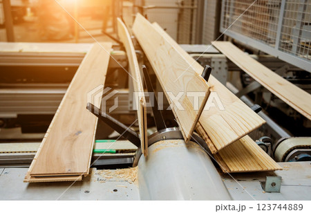 Production line of the wooden floor factory. CNC automatic woodworking machine. Production line of the wooden floor factory. CNC automatic woodworking machine. 123744889