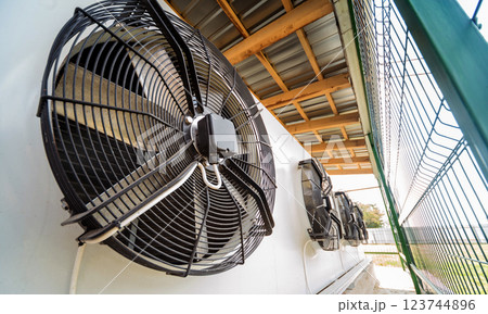 Metal industrial air conditioning vent. HVAC. Ventilation fan. 123744896