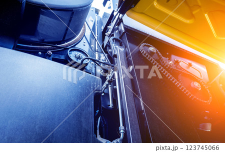 Harvester engine. Gear chains and new modern mechanisms. 123745066