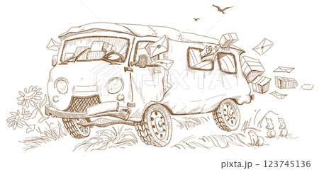 Postal vehicle drives fast on rough roads and loses letters and parcels Postal vehicle drives fast on rough roads and loses letters and parcels 123745136