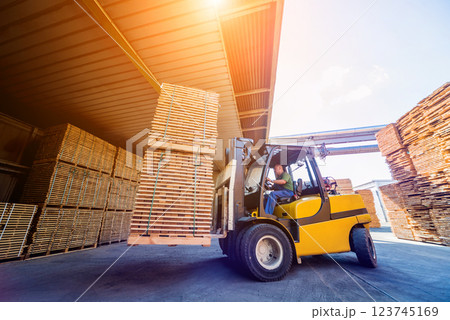 Forklift loader load lumber into a dry kiln. Wood drying in containers. 123745169