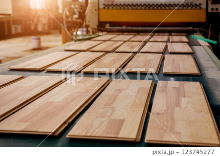 Production line of the wooden floor factory. CNC automatic woodworking machine. 123745277