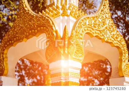Symbols of Buddhism. South-Eastern Asia. Details of buddhist temple in Thailand. 123745280