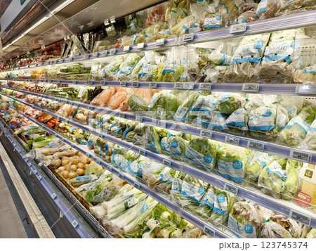 A grocery aisle offers a wide selection of fruits and vegetables 123745374