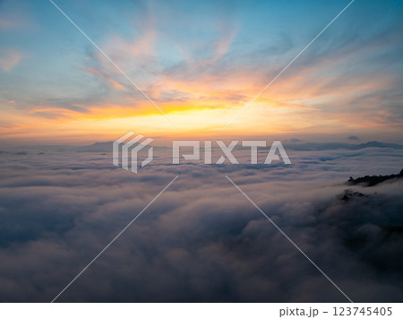 Drone aerial view of landscape fog over mountains in sunrise sky,High angle view over countryside at Southeast asia,Phang Nga Thailand,Wide angle view nature landscape Drone aerial view of landscape fog over mountains in sunrise sky,High angle view over countryside at Southeast asia,Phang Nga Thailand,Wide angle view nature landscape 123745405