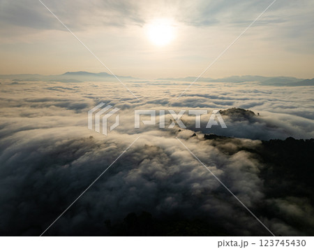 Drone aerial view of landscape fog over mountains in sunrise sky,High angle view over countryside at Southeast asia,Phang Nga Thailand,Wide angle view nature landscape 123745430
