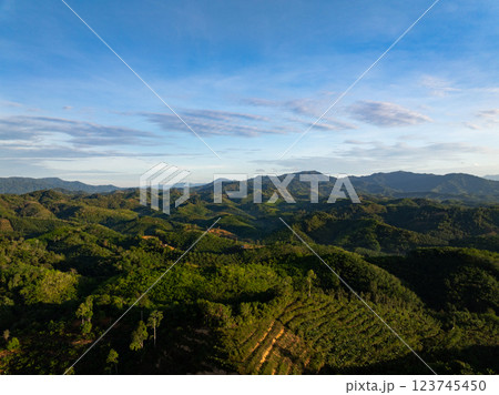 Aerial view landscape mountains view in sunset or sunrise sky background 123745450