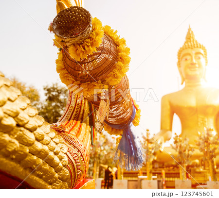 Symbols of Buddhism. South-Eastern Asia. Details of buddhist temple in Thailand. 123745601