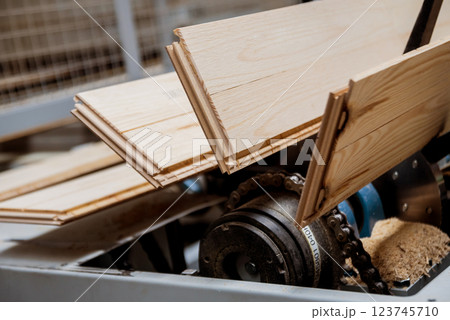 Production line of the wooden floor factory. CNC automatic woodworking machine. 123745710