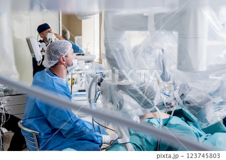 Modern surgical system. Medical robot. Minimally invasive robotic surgery. 123745803