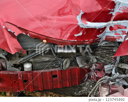 Abandoned cars after accidents in a dense overgrown setting 123745892