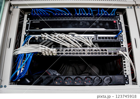 Network switch and ethernet cables in red and white colors. Data Center 123745918