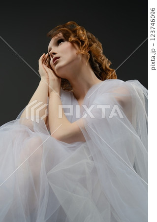 Beautiful bride in sheer lingerie with elegant hairstyle and thoughtful pose Beautiful bride in sheer lingerie with elegant hairstyle and thoughtful pose 123746096
