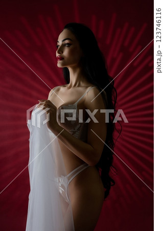 Beautiful bride in elegant lingerie with flowing fabric against red backdrop Beautiful bride in elegant lingerie with flowing fabric against red backdrop 123746116