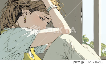 悔しがっている女性：一人座り、後悔と苛立ちをあらわにする苦悩した女性