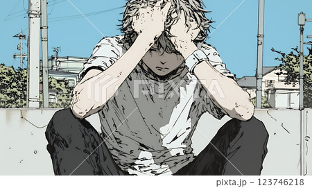悔しがっている男性：一人座り、後悔と苛立ちをあらわにする苦悩した男性
