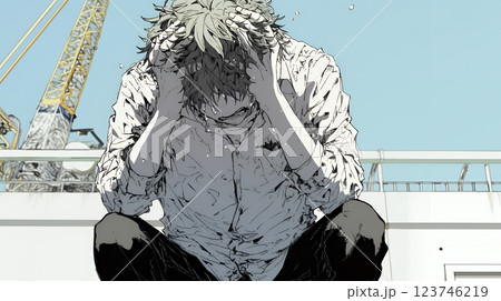 悔しがっている男性：一人座り、後悔と苛立ちをあらわにする苦悩した男性