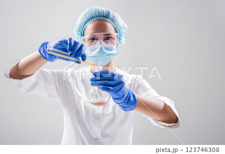 Scientist pouring organic oil. Beauty and cosmetics sciences. Scientist pouring organic oil. Beauty and cosmetics sciences. 123746308