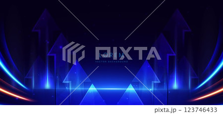 Technology futuristic glowing arrow neon blue light ray on dark blue background. 123746433