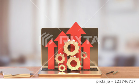 The Arrow and Gear on Notebook for Business concept 3d Rendering. The Arrow and Gear on Notebook for Business concept 3d Rendering. 123746717