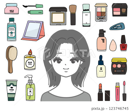 女性とメイク用品のイラストセット 123746745