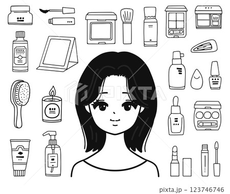 女性とメイク用品のイラストセット　線画 123746746