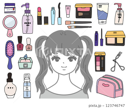 女性とメイク用品のイラストセット 123746747