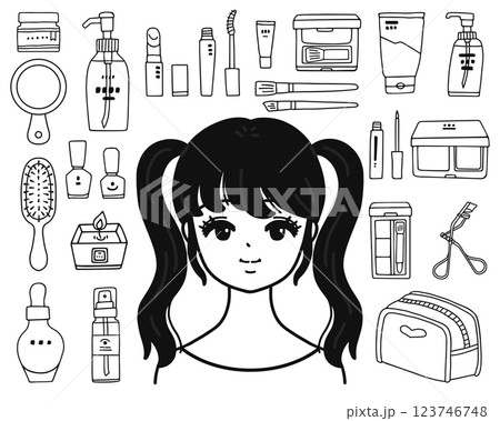 女性とメイク用品のイラストセット　線画 123746748