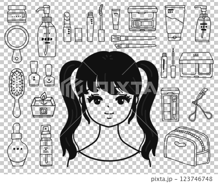Illustration set of women and makeup products - line drawing 123746748