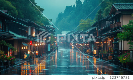 雨に濡れる伝統的な和風の街並み 123746781