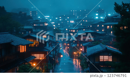 雨に濡れる住宅街と暖かな灯りが灯る夜 123746791