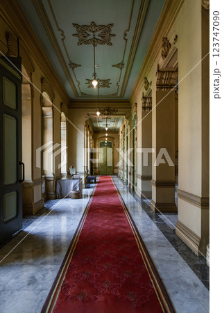 Perspective hallway leading with ceiling hanging lamp and pillars leading into entrance green ancient door. 123747090