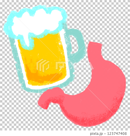 Simple illustration, crayon touch, draft beer and stomach Simple illustration, crayon touch, draft beer and stomach 123747408