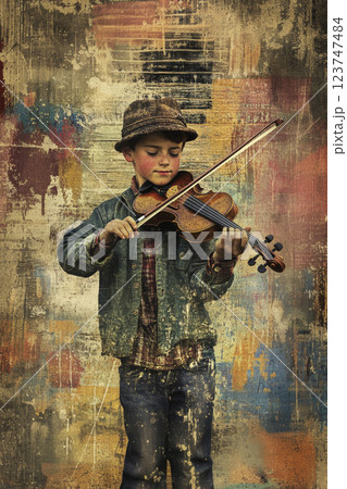 Contemporary art collage of Caucasian boy playing violin, illustration music poster, Eclectic style, Generative AI 123747484