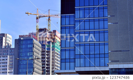 Warsaw, Poland. 22 February 2025. Business center with skyscrapers. Construction of the "Studio" skyscraper. 123747486