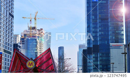 Warsaw, Poland. 22 February 2025. Business center with skyscrapers. Construction of the "Studio" skyscraper. Warsaw, Poland. 22 February 2025. Business center with skyscrapers. Construction of the "Studio" skyscraper. 123747495
