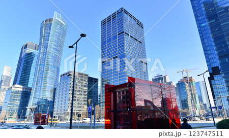 Warsaw, Poland. 22 February 2025. Business center with skyscrapers. 123747511