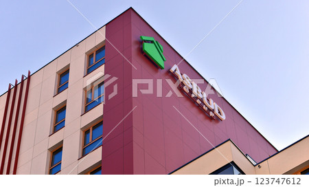 Warsaw, Poland. 22 February 2025. Urban landscape. Company signboard Asbud. 123747612