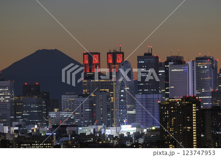 富士山と東京(新宿)の夕景/夜景のコラボレーション 123747953