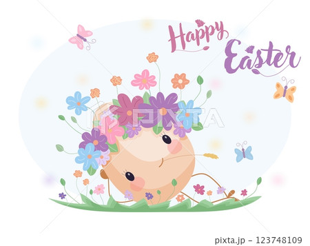 Easter egg with floral wreath lying on grass, cute holiday illustration Easter egg with floral wreath lying on grass, cute holiday illustration 123748109