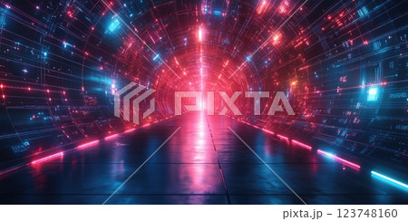Digital tunnel illuminated with vibrant lights creating a futuristic atmosphere Digital tunnel illuminated with vibrant lights creating a futuristic atmosphere 123748160