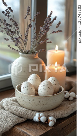 Decorative arrangement of speckled eggs, candles, and lavender in a cozy indoor setting during a calm afternoon Decorative arrangement of speckled eggs, candles, and lavender in a cozy indoor setting during a calm afternoon 123748182