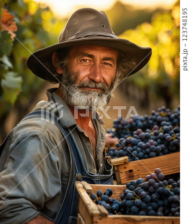Harvesting ripe grapes in a vineyard during golden hour 123748195