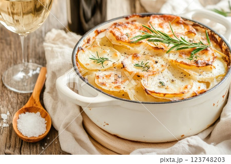 Delicious layered potato dish served in a rustic dish with herbs and white wine nearby Delicious layered potato dish served in a rustic dish with herbs and white wine nearby 123748203