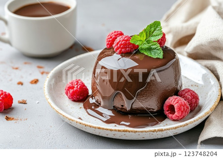 Delicious chocolate dessert topped with fresh raspberries and mint served on white plate 123748204