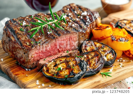 Juicy grilled steak served with charred vegetables on a wooden cutting board in a cozy dining setting 123748205