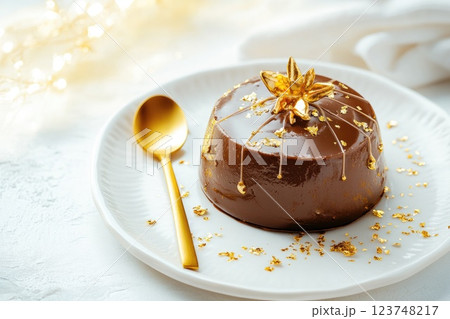 Elegant chocolate dessert with decorative gold accents served on a white plate 123748217